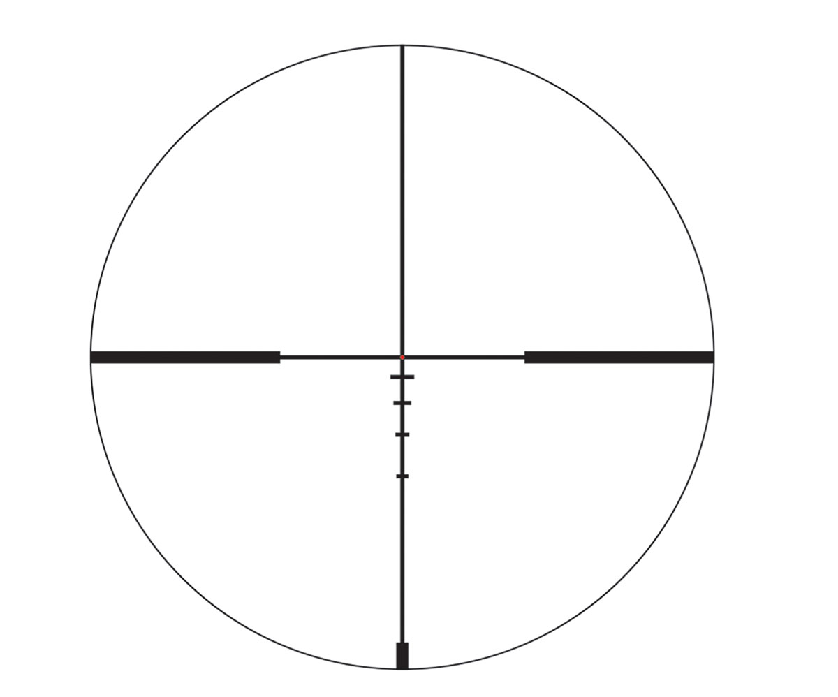 The Vortex JM-1 BDC Reticle’s hash mark spacing is measured in minutes of angle with the scope set to its highest power. Hash marks mesh with the trajectory of the 223 Remington shooting 77-grain bullets out to 600 yards with the first hold-over hash mark sighted in for 300 yards.
